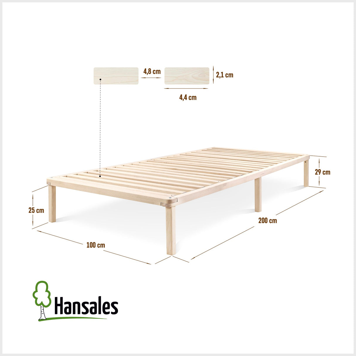 Futonbett 100x200 mit Füße 20.4 cm (ges. 22.5)