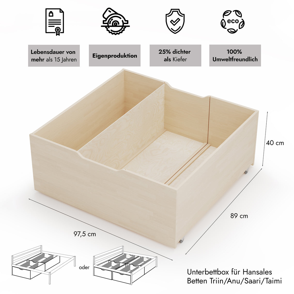 Unterbettbox für Seniorenbett (40,5 cm Höhe)