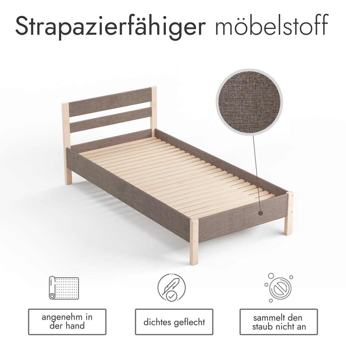 Holzbett mit Stoffbezug Farbe Braun 80x200 cm