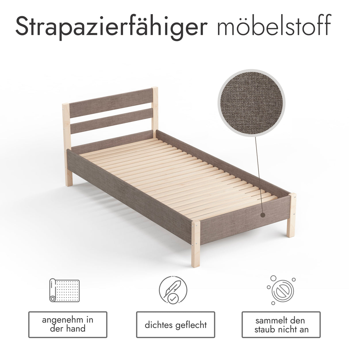 Holzbett mit Stoffbezug Farbe Braun 100x200 cm