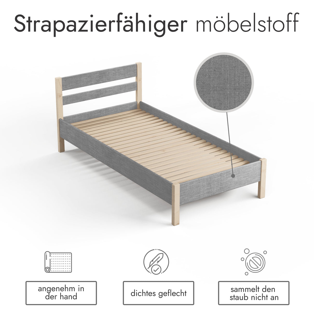 Holzbett mit Stoffbezug Farbe Grau 90x200 cm