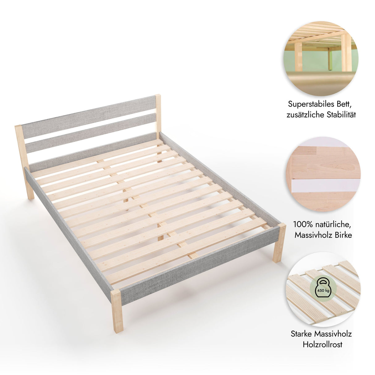 Holzbett mit Stoffbezug Farbe Grau 200x200 cm
