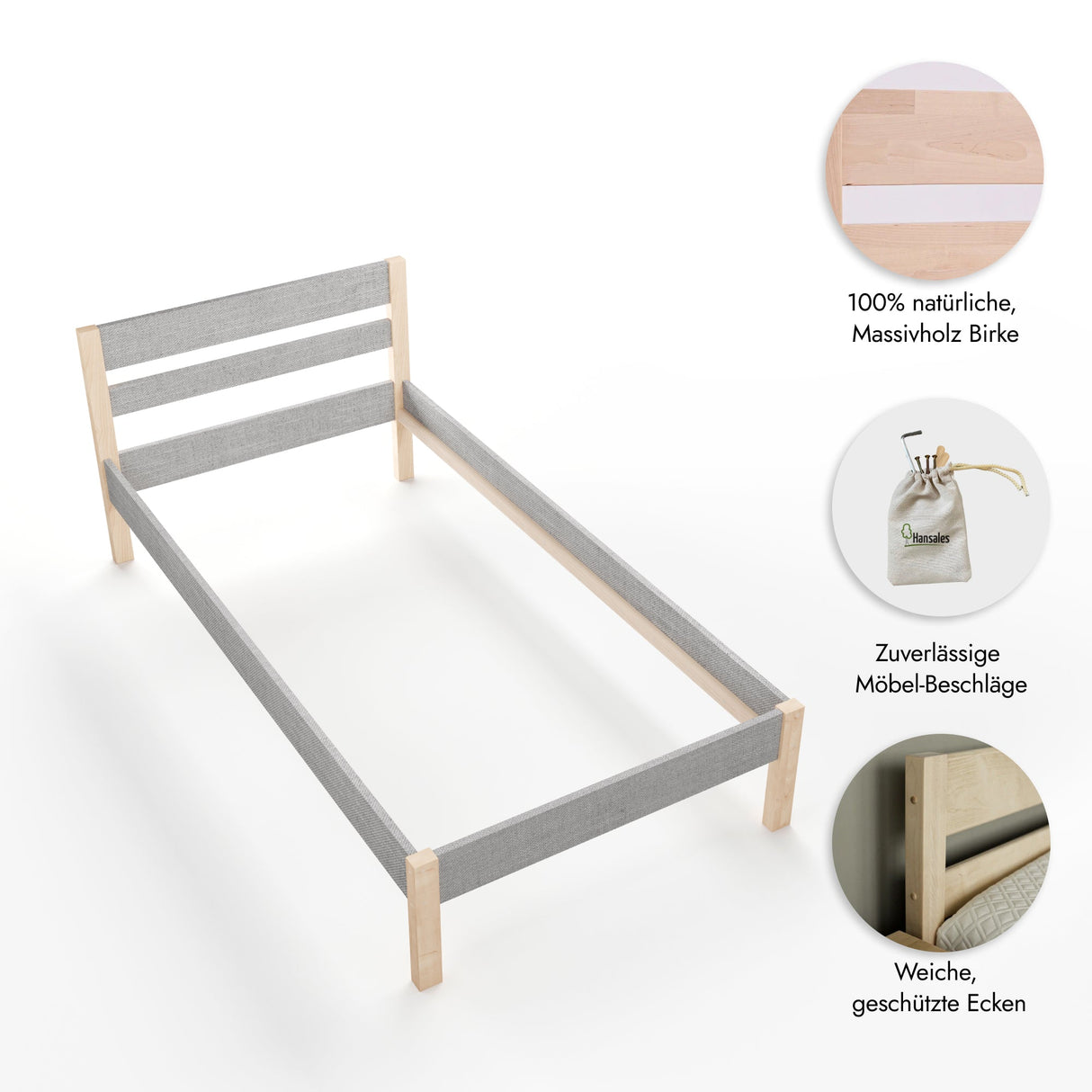 Holzbett mit Stoffbezug Farbe Grau 100x200 cm